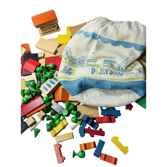 Playskool Village Bag Wooden Block 150 Piece Hotel Railroad Train Town Vintage - Picture 1 of 16
